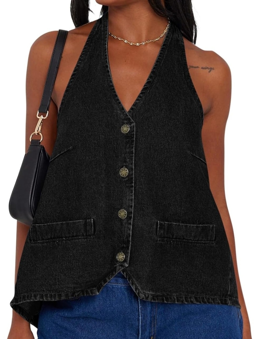 Black Denim Halter Top Button Front Open Back Vest Tie Back